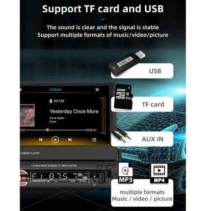 7 Inch Car MP5 Player with Manually Retractable Screen showing USB TF card AUX IN and playback icons
