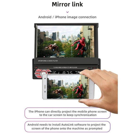 7 Inch Car MP5 Player with Manually Retractable Screen showing phone mirroring via CarPlay Android Auto Bluetooth