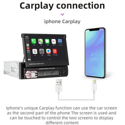 7 Inch Car MP5 Player with Manually Retractable Screen showing CarPlay connection with iPhone and USB cable