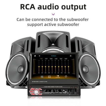 7 Inch Car MP5 Player with Manually Retractable Screen showing RCA audio output, Bluetooth, CarPlay/Android Auto and subwoofer connections