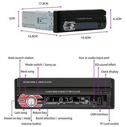 7 Inch Car MP5 Player with Manually Retractable Screen showing front panel, buttons, USB, TF card slot and dimensions