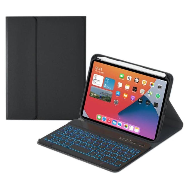 Detachable Bluetooth Keyboard Case for iPad mini 6 with Backlight showing black detachable keyboard case with blue backlight and iPad mini 6 in typing position