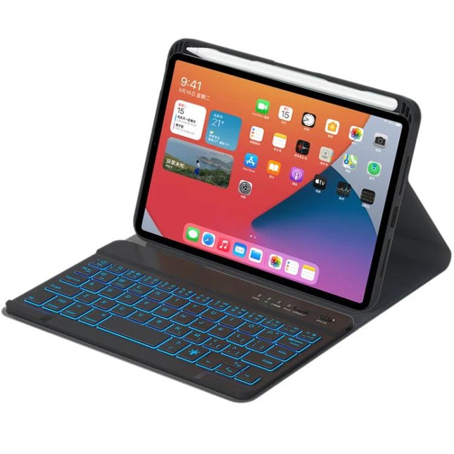 Detachable Bluetooth Keyboard Case for iPad mini 6 with Backlight shown in black with illuminated blue keys and protective folio stand