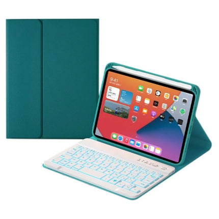 Detachable Bluetooth Keyboard Case for iPad mini 6 with Backlight in teal showing tablet in typing stand with illuminated keys