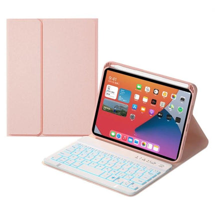 Detachable Bluetooth Keyboard Case for iPad mini 6 with Backlight in rose pink showing Bluetooth detachable backlit keyboard and protective folio stand