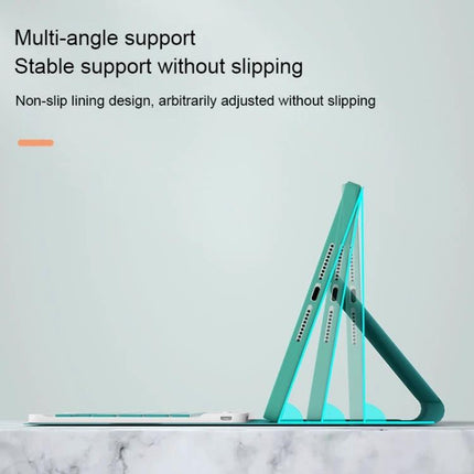 Detachable Bluetooth Keyboard Case for iPad mini 6 with Backlight shown in teal on multi-angle stand, non-slip stable support