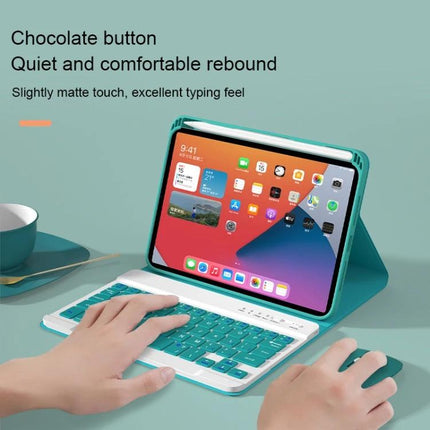 Detachable Bluetooth Keyboard Case for iPad mini 6 with Backlight showing teal keyboard case, backlit keys and Bluetooth mouse in use