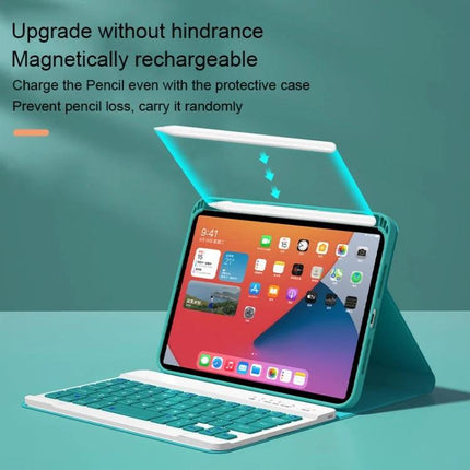 Detachable Bluetooth Keyboard Case for iPad mini 6 with Backlight showing teal keyboard case, detachable Bluetooth keyboard and magnetic pencil charging feature