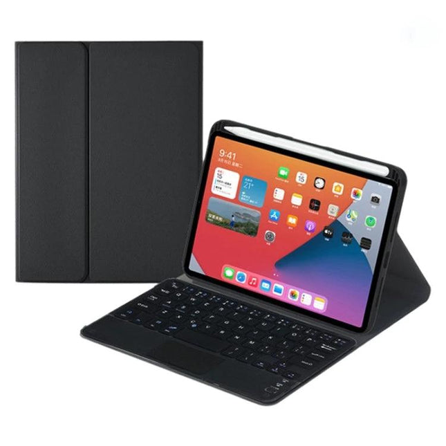 Detachable Bluetooth Keyboard Leather Case for iPad mini 6 with Touchpad in black showing keyboard and touchpad stand