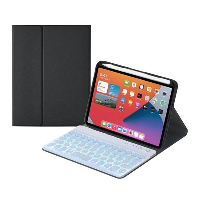 Detachable Bluetooth Keyboard Case for iPad mini 6 with Backlight showing black folio case with detachable illuminated keyboard and iPad mini 6 in typing stand