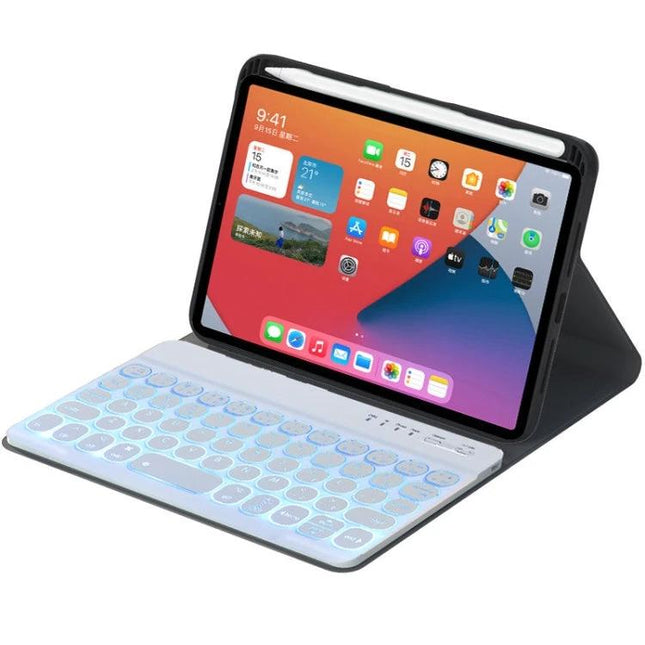 Detachable Bluetooth Keyboard Case for iPad mini 6 with Backlight showing white backlit keyboard attached to iPad mini 6 in folio stand
