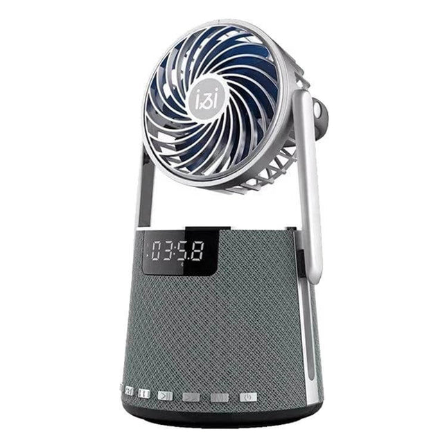 SOAIY Bluetooth Alarm Clock With Dual Alarms And Bedside Fan showing digital clock, speaker grille and adjustable tabletop fan