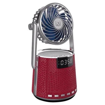 SOAIY Bluetooth Alarm Clock With Dual Alarms And Bedside Fan showing red fabric speaker, digital time display and tilt fan