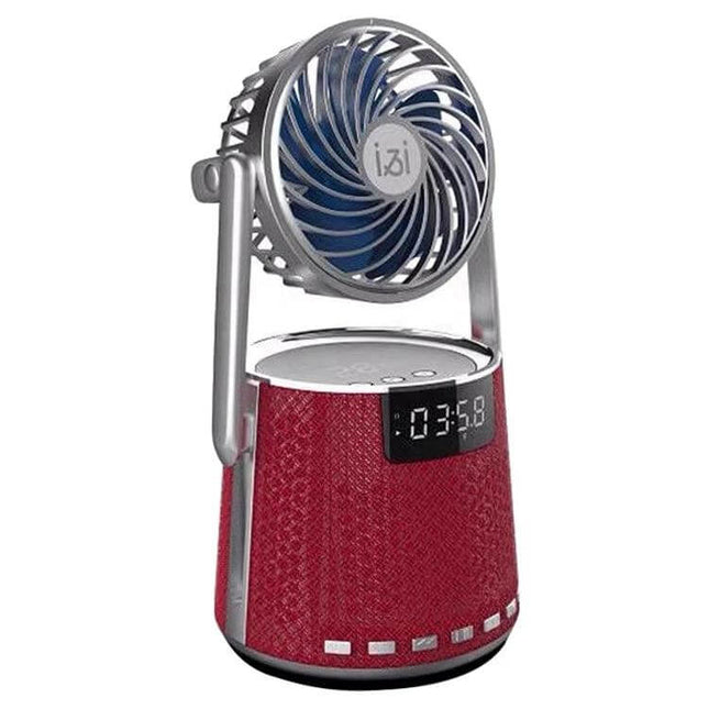 SOAIY Bluetooth Alarm Clock With Dual Alarms And Bedside Fan showing red fabric speaker, digital time display and tilt fan