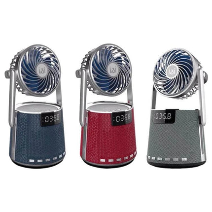 SOAIY Bluetooth Alarm Clock With Dual Alarms And Bedside Fan portable speaker fan combo on nightstand display