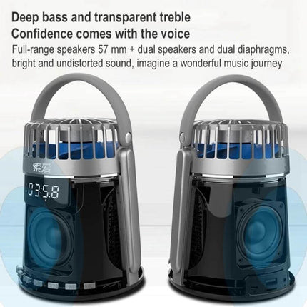 SOAIY Bluetooth Alarm Clock With Dual Alarms And Bedside Fan portable speaker fan clock showing dual speakers and LED time