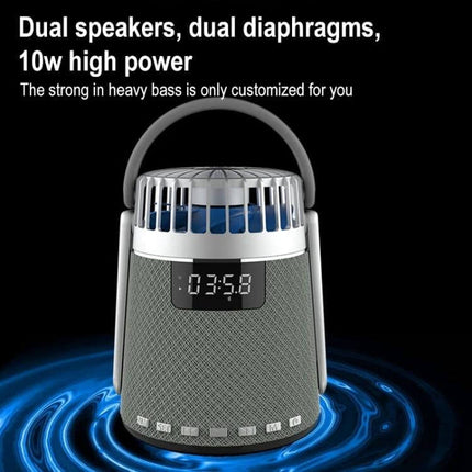 SOAIY Bluetooth Alarm Clock With Dual Alarms And Bedside Fan showing speaker, digital time display and quiet bedside fan