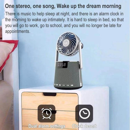 SOAIY Bluetooth Alarm Clock With Dual Alarms And Bedside Fan showing time display, speaker and quiet adjustable fan on nightstand