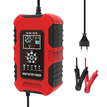 Smart Battery Charger For Cars And Motorcycles With All Regions Plugs - red 7-stage microprocessor charger with display and all-region plug adapters