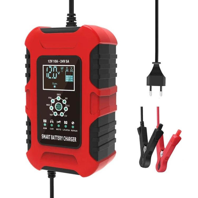 Smart Battery Charger For Cars And Motorcycles With All Regions Plugs - red 7-stage microprocessor charger with display and all-region plug adapters