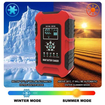 Smart Battery Charger For Cars And Motorcycles With All Regions Plugs red multi-mode charger showing winter and summer modes