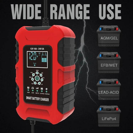 Smart Battery Charger For Cars And Motorcycles With All Regions Plugs red smart charger showing LCD and compatible AGM/GEL EFB/WET LEAD-ACID LiFePo4 batteries