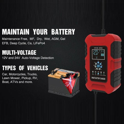 Smart Battery Charger For Cars And Motorcycles With All Regions Plugs - red smart automatic 7-stage charger for 12V and 24V batteries, supports AGM, Gel, LiFePO4