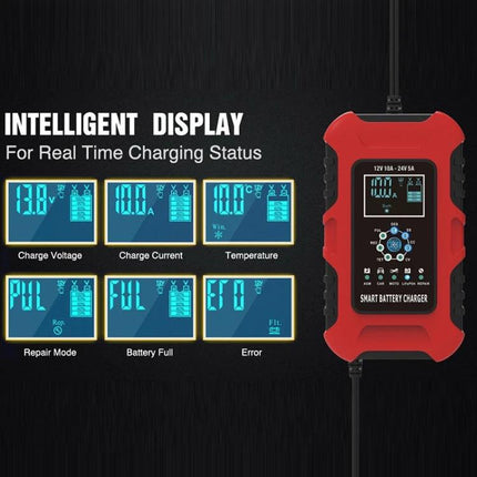 Smart Battery Charger For Cars And Motorcycles With All Regions Plugs red smart charger with intelligent LCD display showing charge voltage current temperature and modes