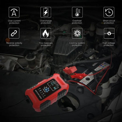 Smart Battery Charger For Cars And Motorcycles With All Regions Plugs connected to car battery showing safety icons and all-region plug versatility