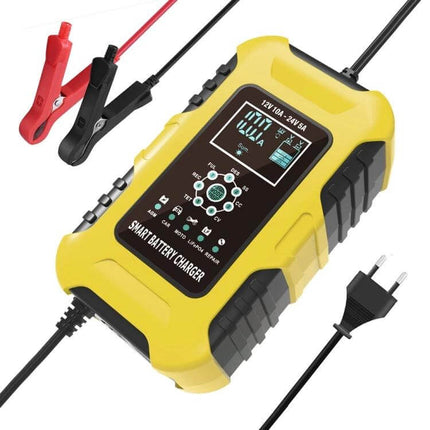 Smart Battery Charger For Cars And Motorcycles With All Regions Plugs — yellow microprocessor-controlled 7-stage charger with clamps and regional plug
