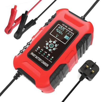 Smart Battery Charger For Cars And Motorcycles With All Regions Plugs red microprocessor-controlled 7-stage battery charger with clamps and all-region plug