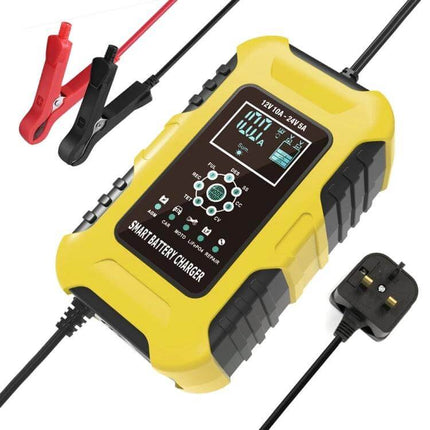 Smart Battery Charger For Cars And Motorcycles With All Regions Plugs - yellow microprocessor-controlled 7-stage charger with clamps and UK plug