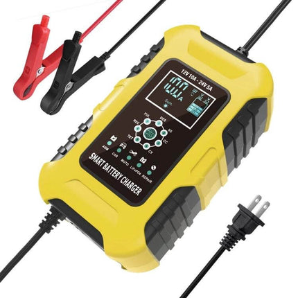 Smart Battery Charger For Cars And Motorcycles With All Regions Plugs yellow microprocessor-controlled 7-stage charger with clamps and plug