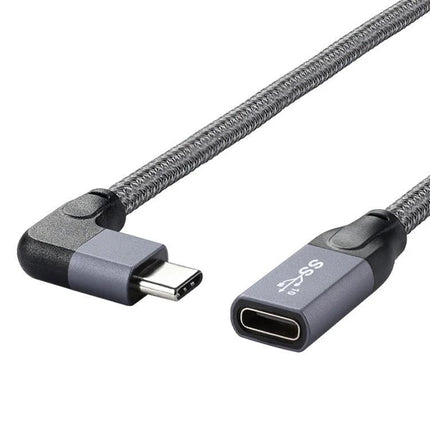 USB-C Extension Cable for Everyday Home and Office Connections - braided right-angle to female USB-C extender for charger and monitor reach