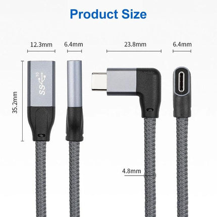 USB-C Extension Cable for Everyday Home and Office Connections braided right-angle extension cable with measurements and USB-C male and female ends