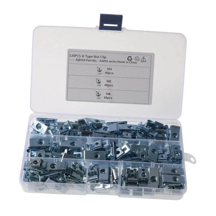 120 Piece Car U Shaped Clip Nut Set For Auto Body Panels M4 M5 M6 - carbon steel zinc plated assortment in plastic organizer box