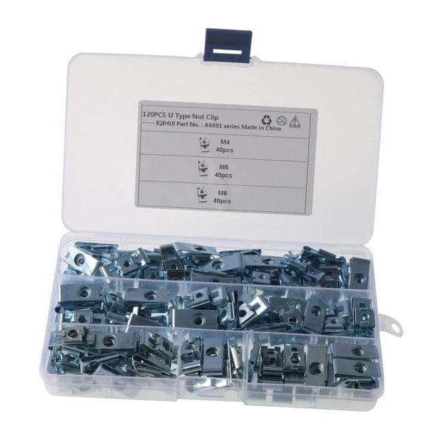 120 Piece Car U Shaped Clip Nut Set For Auto Body Panels M4 M5 M6 - carbon steel zinc plated assortment in plastic organizer box