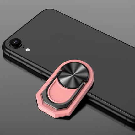 Universal Sticky Magnetic Ring Holder for Phone Mounting with Rotation on black phone, pink metal ring holder attached for hands-free use