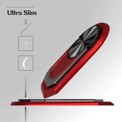 Universal Sticky Magnetic Ring Holder for Phone Mounting with Rotation slim red magnetic ring phone holder shown floating above slim phone mount