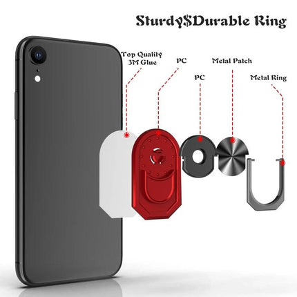 Universal Sticky Magnetic Ring Holder for Phone Mounting with Rotation showing exploded view of components and attachment to smartphone