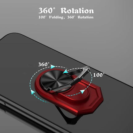 Universal Sticky Magnetic Ring Holder for Phone Mounting with Rotation showing 360° rotation and 100° folding on a phone