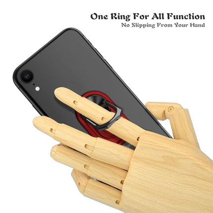Universal Sticky Magnetic Ring Holder for Phone Mounting with Rotation on black phone shown in hand demonstrating ring grip and magnetic mount