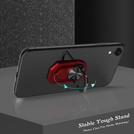 Universal Sticky Magnetic Ring Holder for Phone Mounting with Rotation shown on black phone, red rotatable magnetic ring stand