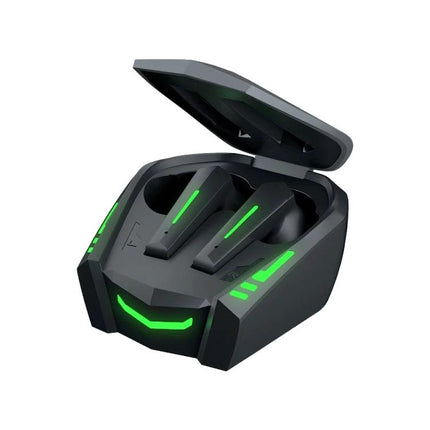 Lenovo Wireless Earbuds For Music And Low-Latency Gaming with gaming-style charging case and green LED accents