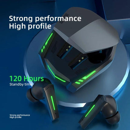 Lenovo Wireless Earbuds For Music And Low-Latency Gaming sleek black earbuds with glowing green accents and charging case