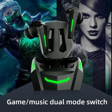 Lenovo Wireless Earbuds For Music And Low-Latency Gaming black gaming earbuds with neon green accents in charging case