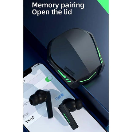 Lenovo Wireless Earbuds For Music And Low-Latency Gaming black XT80 case with neon accents and earbuds beside paired smartphone