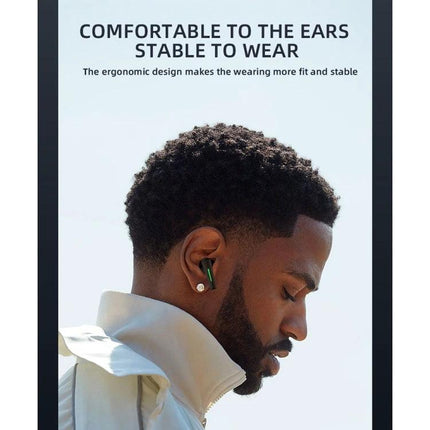 Lenovo Wireless Earbuds For Music And Low-Latency Gaming black earbuds shown in profile on man during commute, ergonomic fit