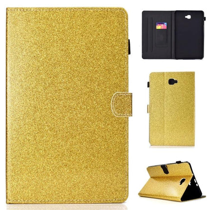 Leather Flip Case for Samsung Galaxy Tab A with Stand and Card Slot in Gold Glitter finish showing card slot, precise cutouts and stand