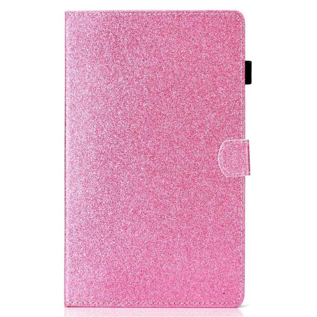 Glitter Leather Flip Case with Holder and Card Slots for Tablets in pink glitter finish, card slots and stand for hands-free viewing